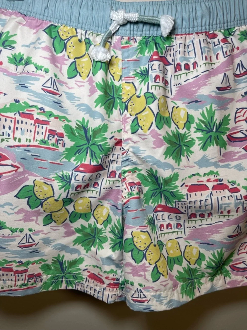 Mini Boden Pastel Coastal Print Swim Shorts in Light Blue, Yellow & Green